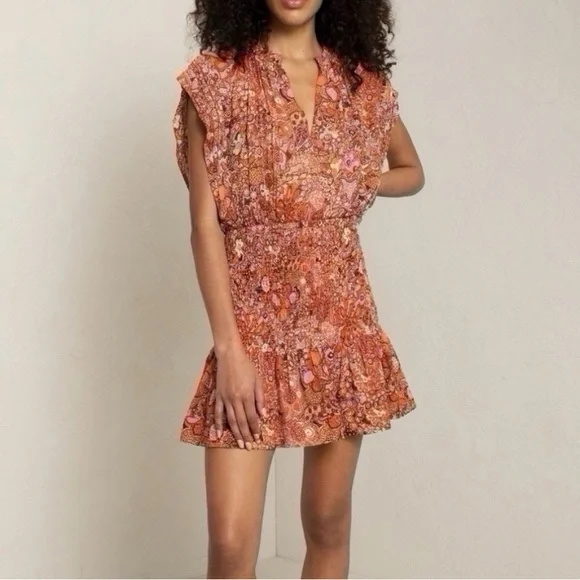 A.L.C. Orange Floral Smocked Mini Dress - Picture 1 of 14